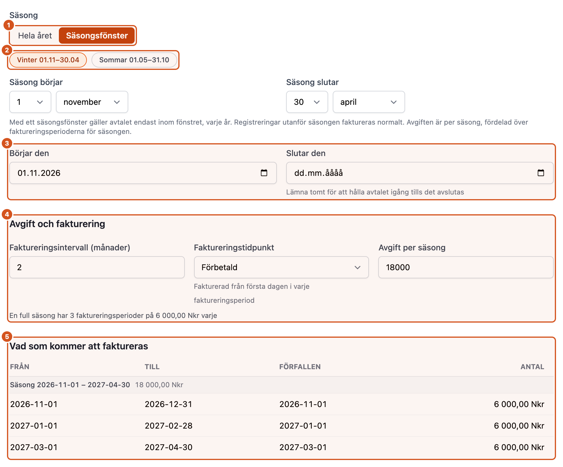 Säsong, avgift och fakturering