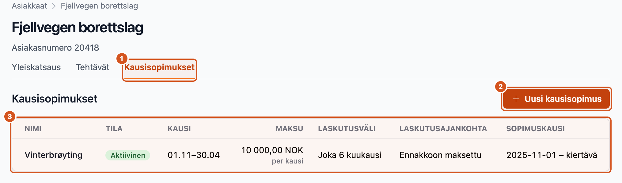 Asiakkaan kausisopimukset