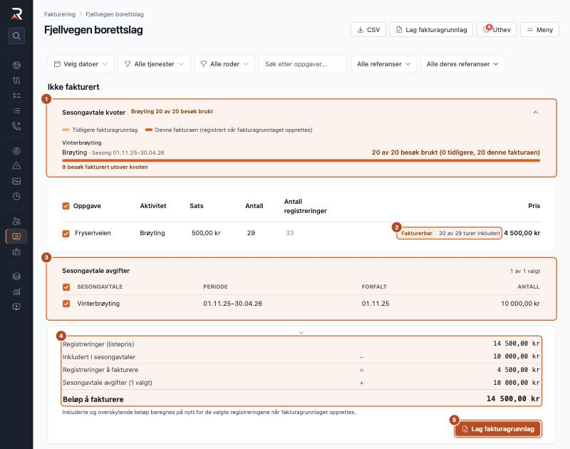 Fakturagrunnlag for en kunde med sesongavtale