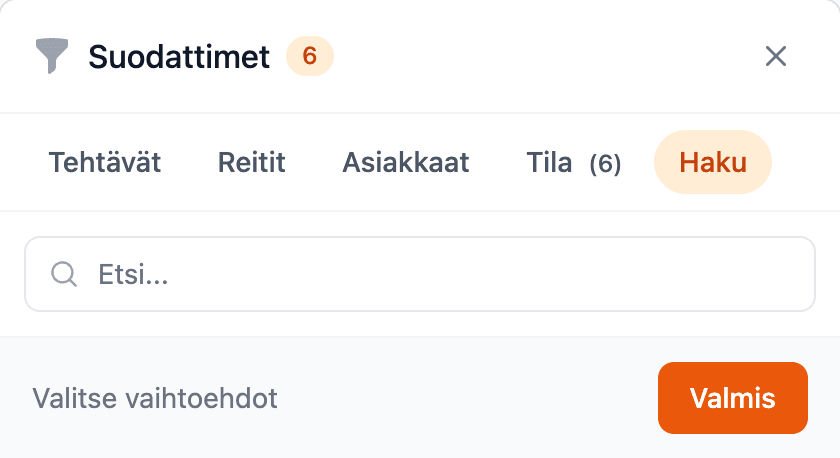 Suodatinpaneeli ja hakuvälilehti